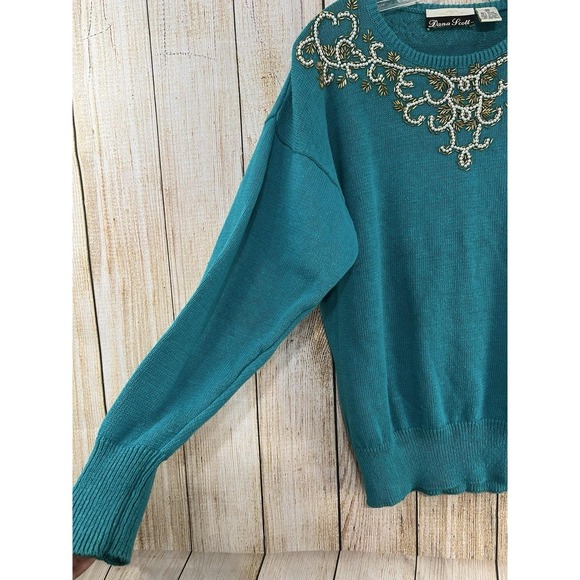 Vtg 90s Teal Beaded Knit Sweater Sz M Pearl Sequin Embellished Y2K Soft Glam - Picture 3 of 8